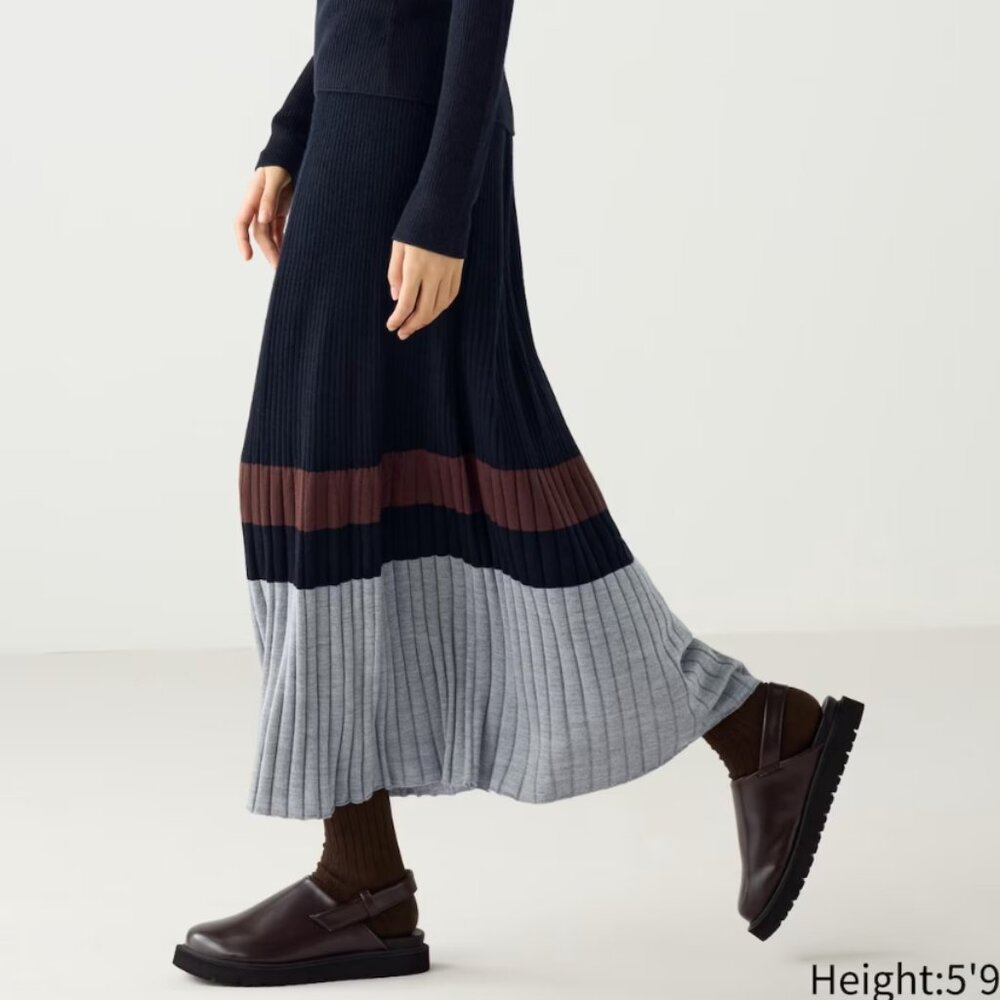 NWT Uniqlo : C Merino Blend Ribbed Skirt | Color Block, Navy, S